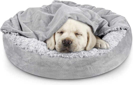 JOEJOY Small Dog Bed Cat Bed with Hooded Blanket, Cozy Cuddler Luxury Puppy Pet Bed, Donut round Calming Anti-Anxiety Dog Burrow Cave Bed - Anti-Slip Bottom and Machine Washable 23 Inch