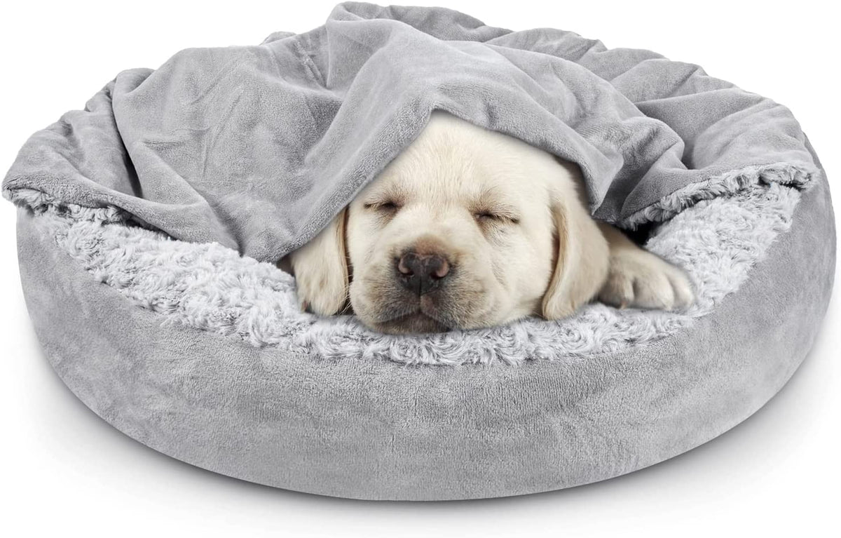 JOEJOY Small Dog Bed Cat Bed with Hooded Blanket, Cozy Cuddler Luxury Puppy Pet Bed, Donut round Calming Anti-Anxiety Dog Burrow Cave Bed - Anti-Slip Bottom and Machine Washable 23 Inch