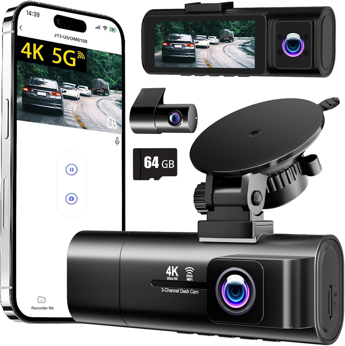 4K Dash Cam Front and Rear Inside,3.16" IPS,3 Channel Dash Cam for Car with 5G Wifi,Free 64GB Card,170° Wide Angle,Loop Recording,G-Sensor,Wdr,Night Vision,Time-Lapse,24H Parking Monitor