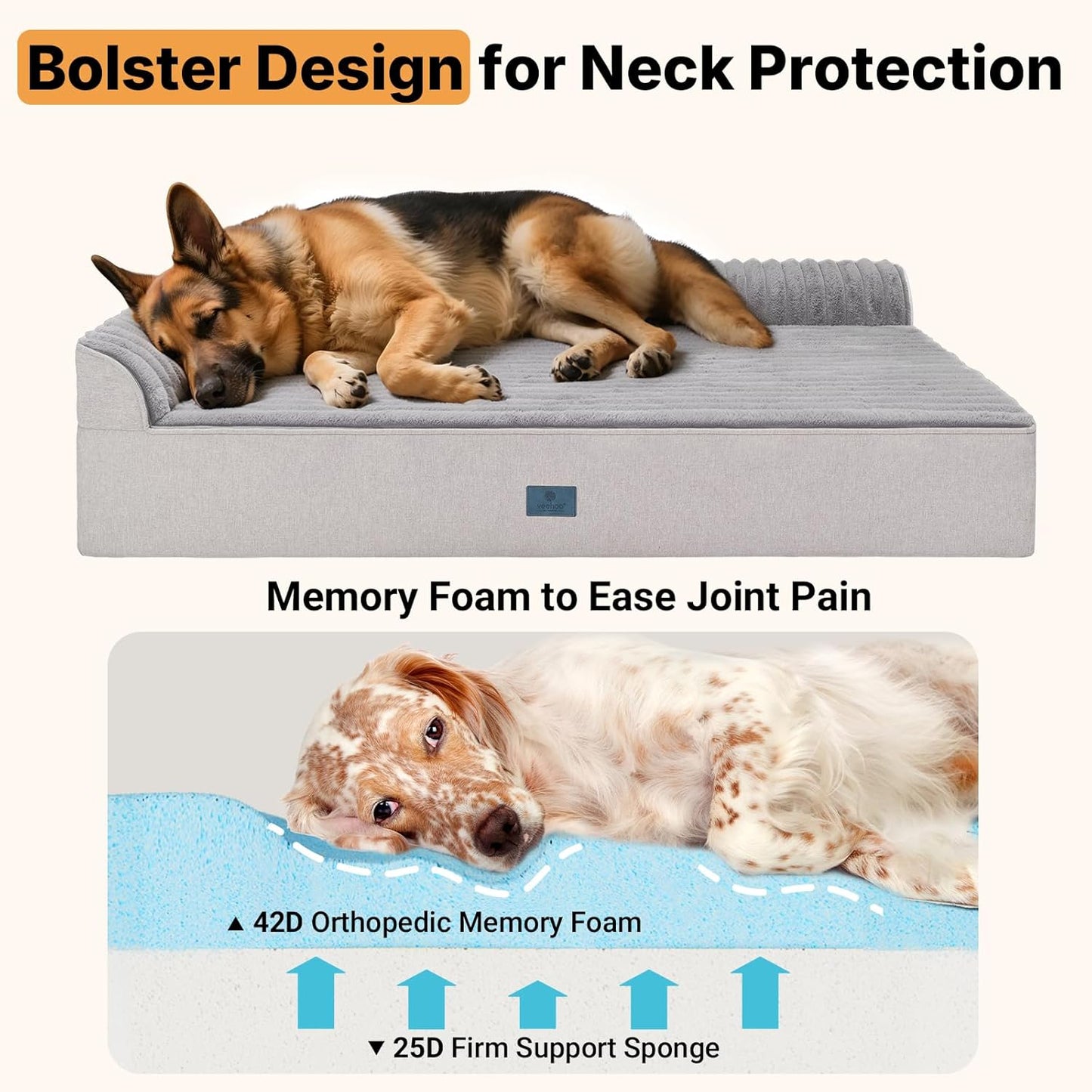 Veehoo Orthopedic Dog Bed for Large Senior Dogs, 7 Inch Thick XXL Memory Foam Dog Bed with L Shaped Bolsters, Orthopedic Pet Couch with Waterproof Liner & Removable Washable Cover, 52"X36"X7"