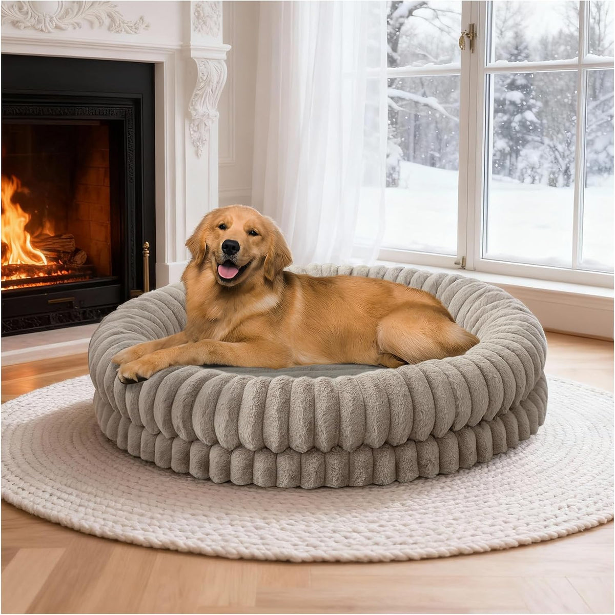 BALANCE Luxury Donut Dog Bed, 43 Inches round Dog Beds Large Sized Dogs Washable, Orthopedic Calming Dogs Bed for Pets with Anti-Slip Bottom, Oatmeal
