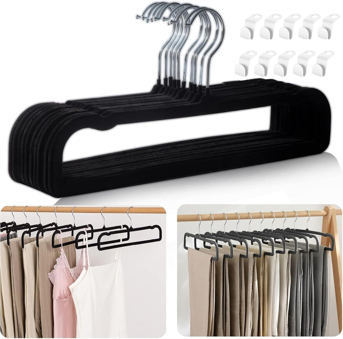Velvet Hangers Non Slip - 20 Pack Pants Hangers for Closet - Thin Space Saving Clothes Hanger - Strong, Durable, Jean Perchas with 360 Degree Rotatable Hook for Tank Top (Black Silver Hook)