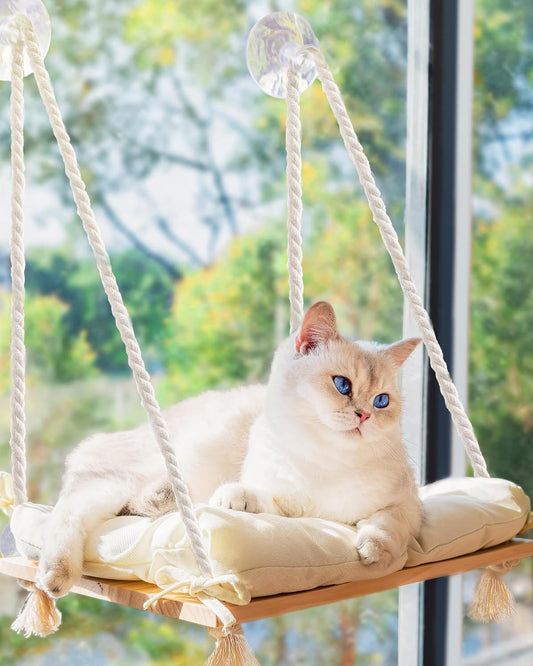 Cat Window Perch with Industrial-Grade Suction Cups - Solid Pine Wood Hammock Bed, Soft Cushion - 42 Lb Capacity for Cats Inside