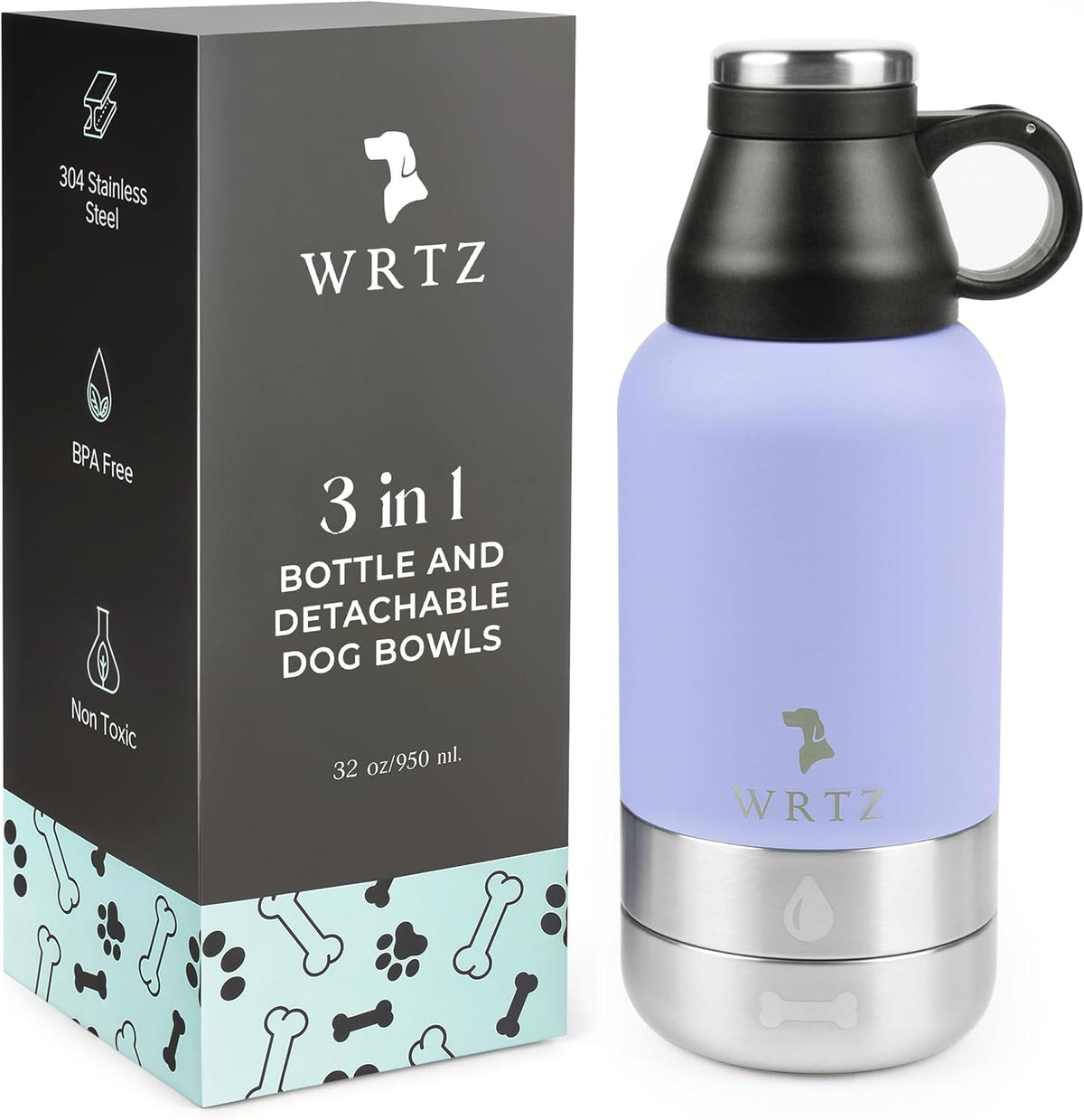 Portable Dog Water Bottle with 2 Removable Water Bowls for Dogs – Leak-Proof Insulated Stainless Steel Dog Water Bottle – Travel Accessories for Dogs - 32Oz - Lavender