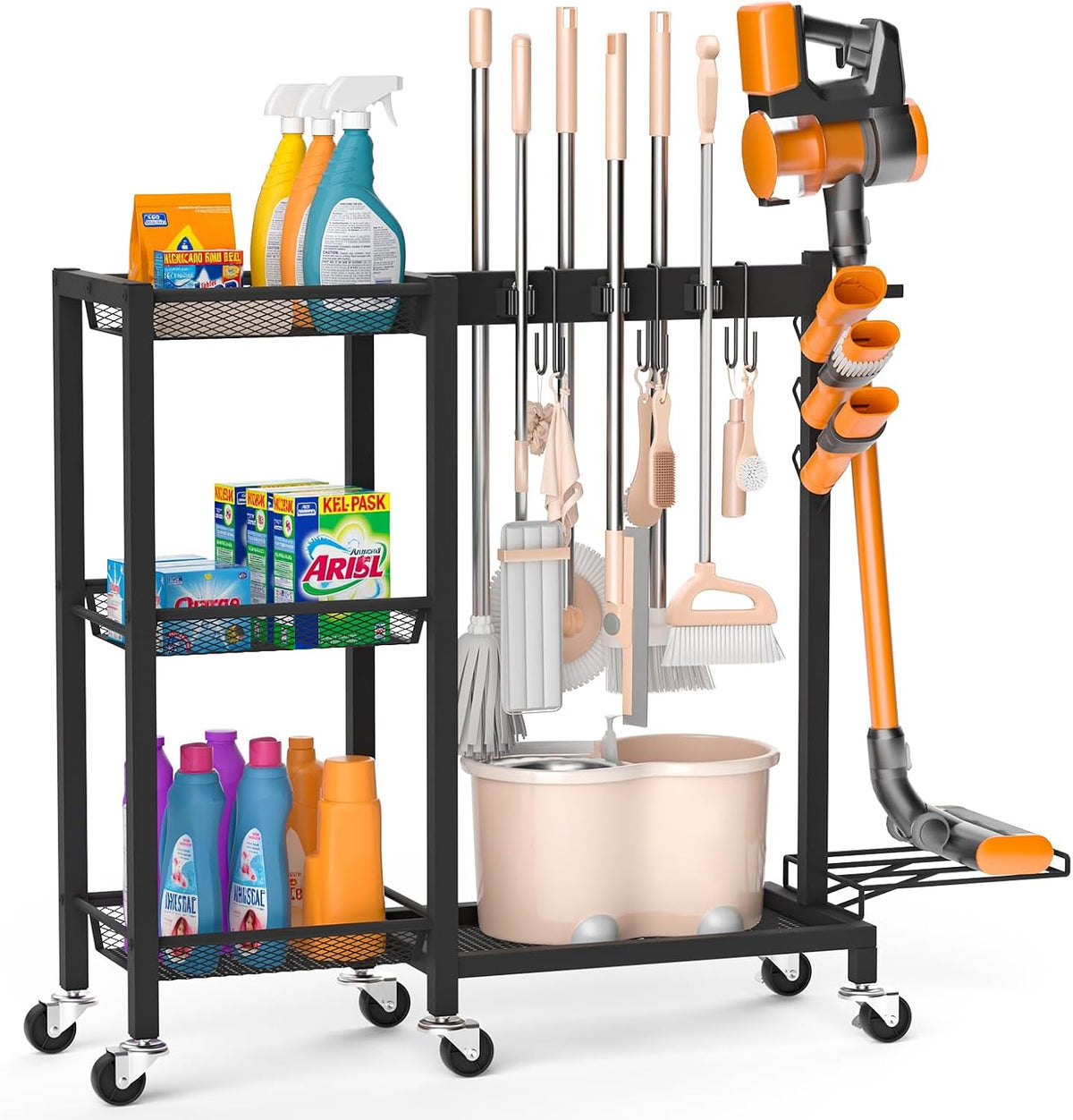 Broom Holder with Cleaning Supplies Organizer, 30.7"Wx11.8"Dx34.6"H