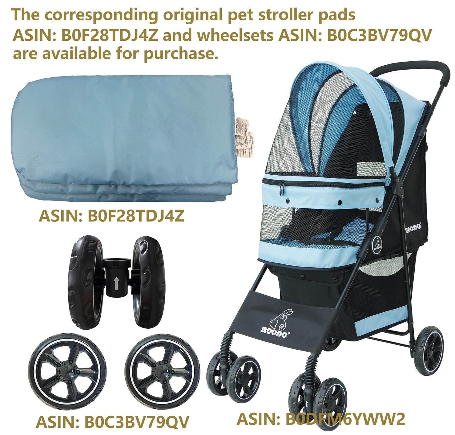ROODO 4 Wheel Dog Cat Pet Stroller Best Lightweight Foldable Compact Portable Jogger All Terrain Travel Pet Gear Puppy Doggie Bunny Kitty Stroller for up to 30Lbs Medium Small Dogs Cats(Sky Blue)