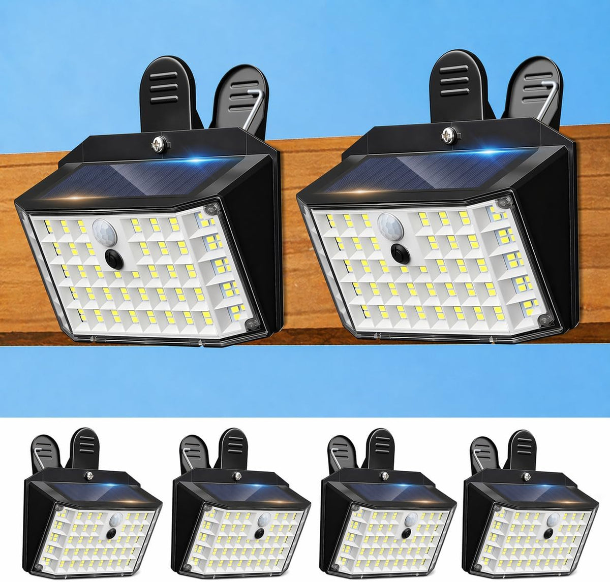 Clip on Solar Lights Outdoor, 176 Leds 600 LM Solar Motion Sensor Lights Outdoor, IP65 Waterproof 3-Mode Clamp Light for Fence Patio Backyard Deck Garden (4 Pack)