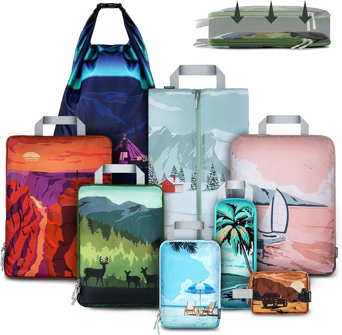 Set of 8 Compression Packing Cubes for Travel Accessories- Expandable Bags for Clothing, Toiletry, Backpacks, Organizing Essentials (Holiday)