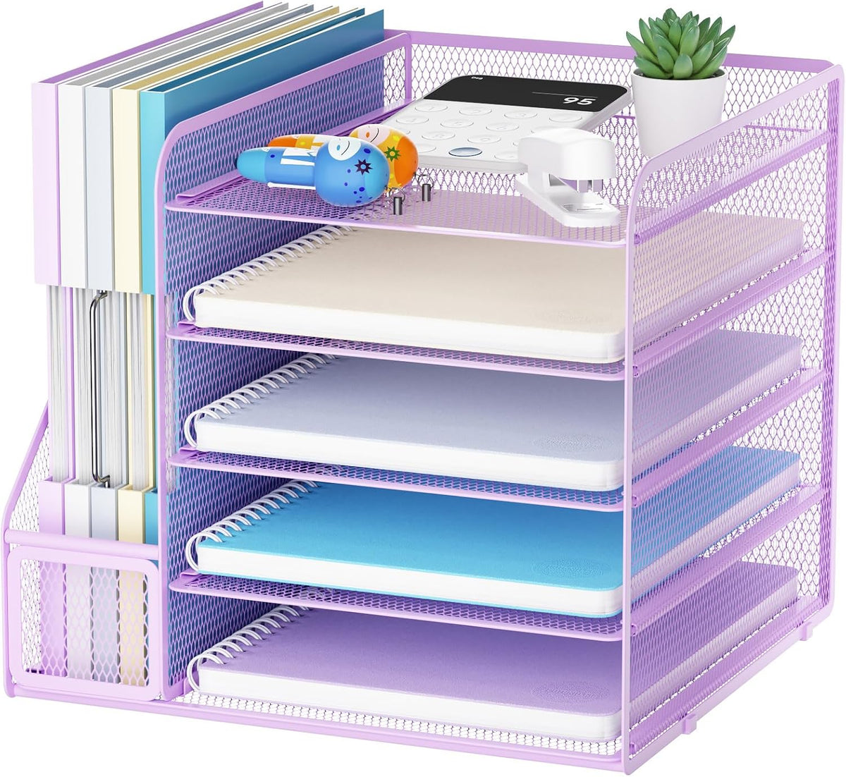 Marbrasse Desk Organizers and Accessories, 5-Tier Paper Letter Tray Organizer with File Holder, Mesh File Organizer, Office Desk Accessories & Organization for Supplies (Purple)