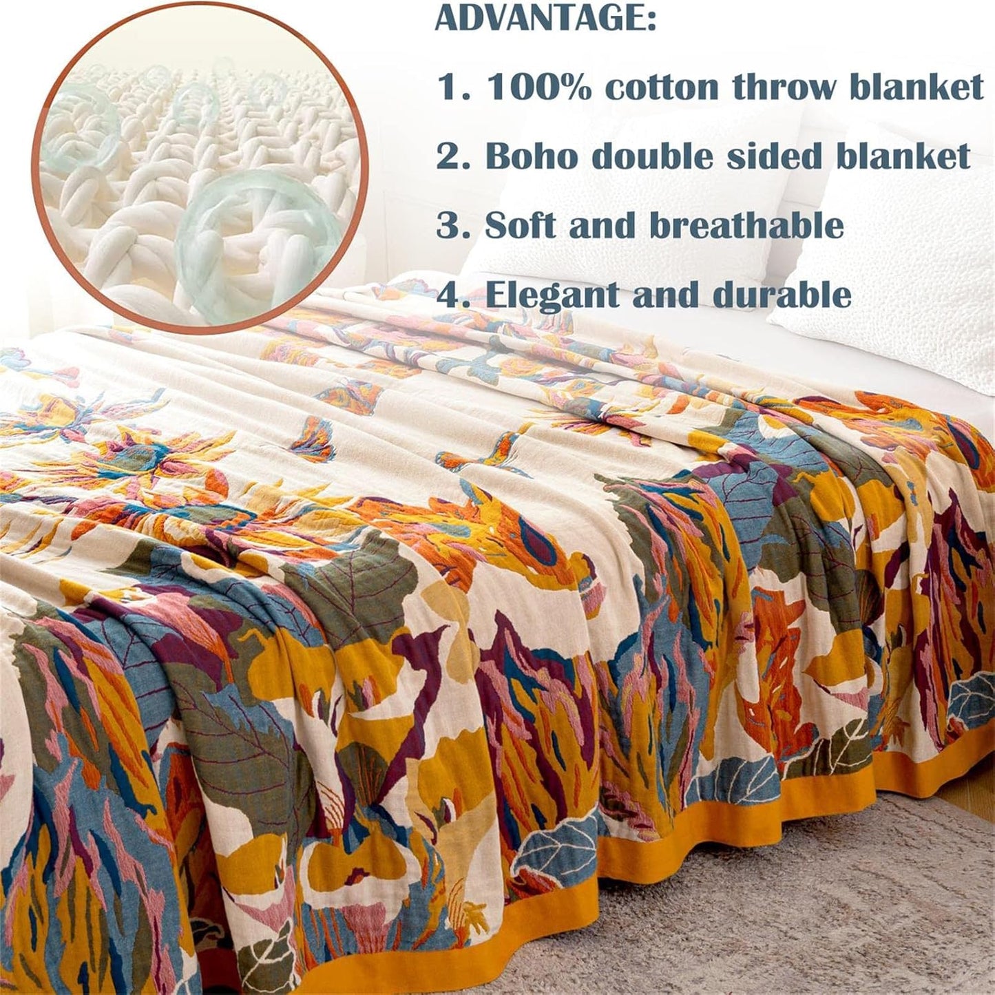 MSGKV Boho Throw Blanket 60''X80'',100% Cotton Blanket for Couch Bed, Spring Breathable Quilt Farmhouse Home Decor Soft Lightweight Picnic Blankets