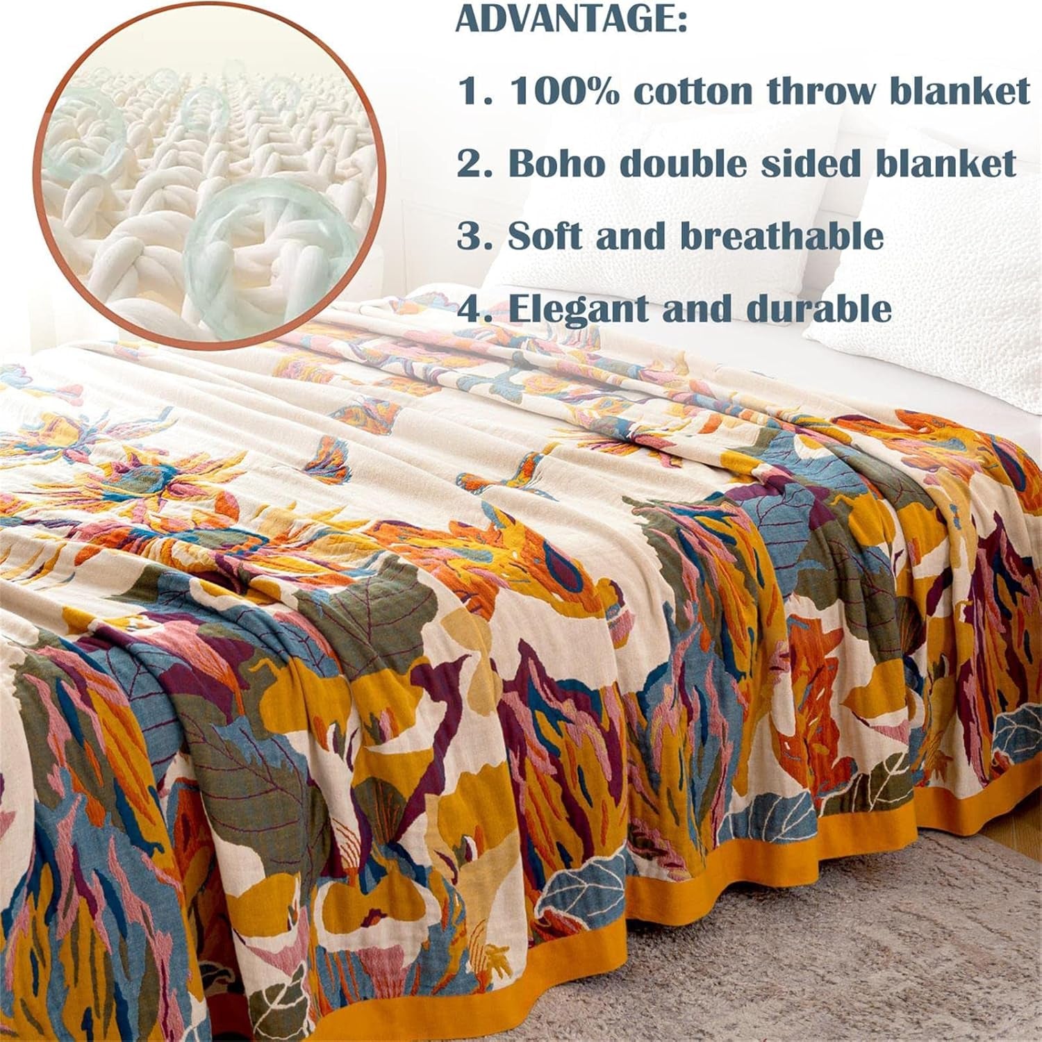 MSGKV Boho Throw Blanket 60''X80'',100% Cotton Blanket for Couch Bed, Spring Breathable Quilt Farmhouse Home Decor Soft Lightweight Picnic Blankets