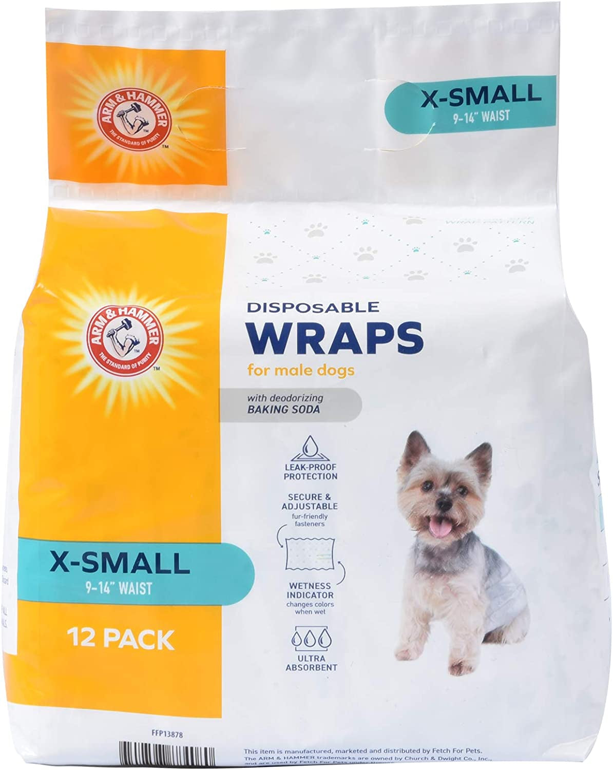 Arm & Hammer X-Small Male Dog Wraps, Disposable Belly Band Diapers with Baking Soda Odor Control, Super Absorbent Leak Resistant Design for Marking and Incontinence, 9-14 Inch Waist, 12 Count