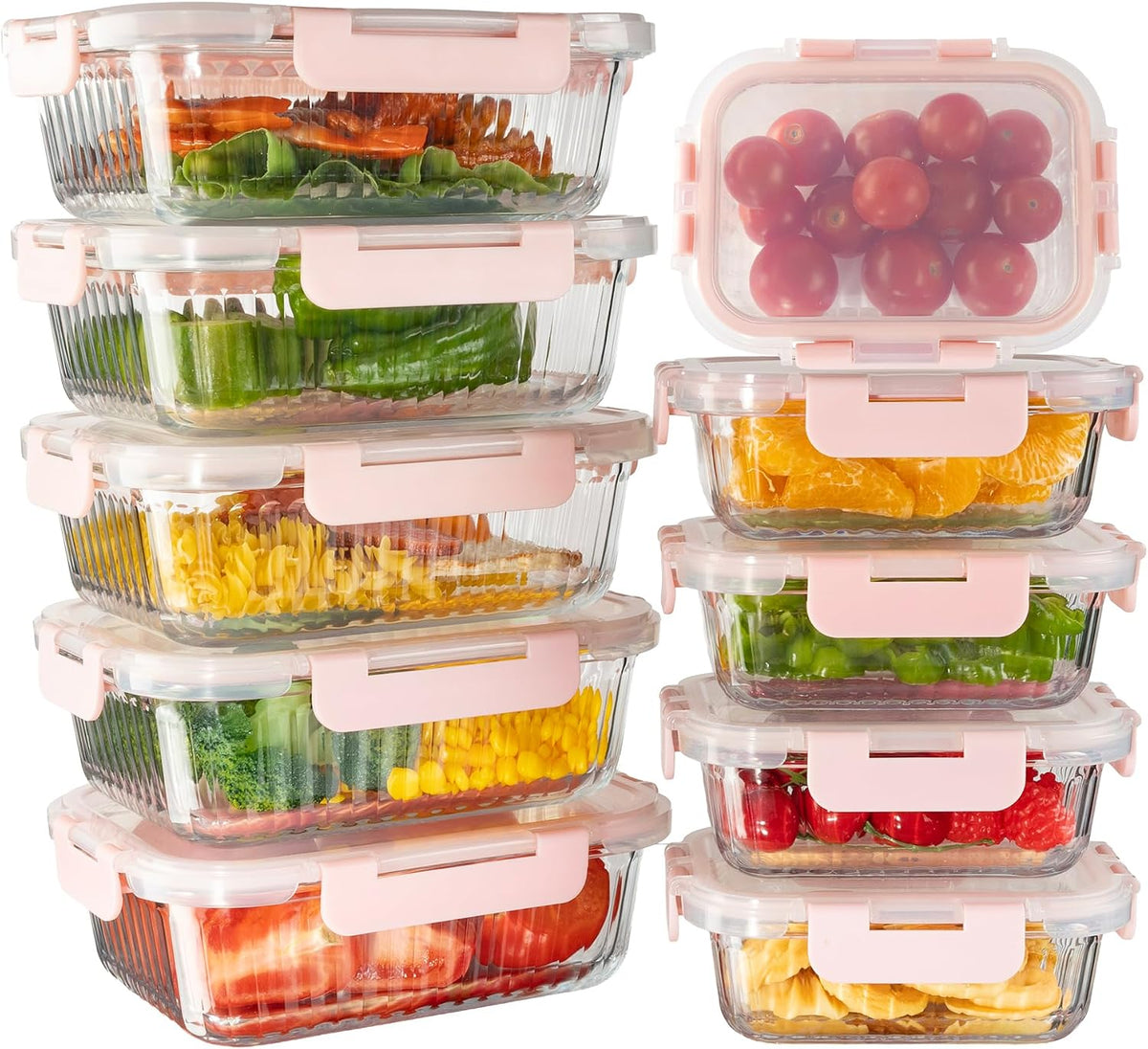10 Pack Glass Meal Prep Containers, Food Storage Container Set - Pink