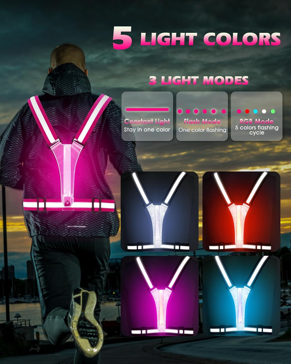 Zacro LED Reflective Vest Running Gear, 5 Lights Colors High Visibility Reflective Running Gear Rechargeable Light up Running Vest for Walking Running Cycling, Adjustable for Men Women Kids