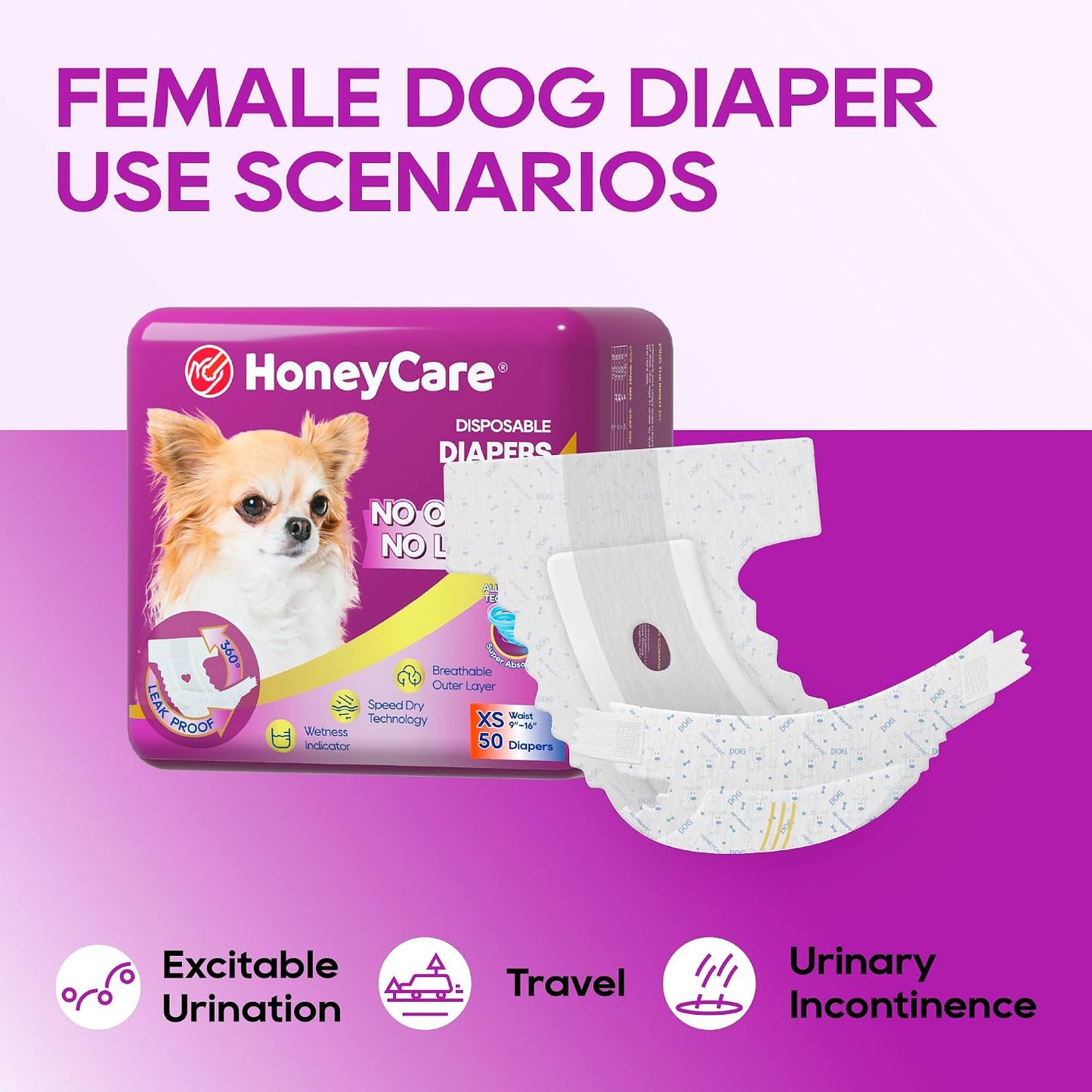 HONEY CARE All-Absorb Disposable Female Dog Diapers Extra Small Size, Improved, 50 Count, Super Absorbent, Breathable, Wetness Indicator (Pack of 1, 50 Count Total)