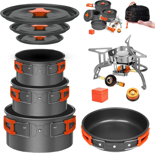 Smokey Camp Camping Cookware Mess Kit Set with Stove - Backpacking Camping Pots and Pans Set, All in One Non-Stick Camping Cooking Set, Portable Stove, Hiking, Picnic, Outdoor & Camping Cookware Set
