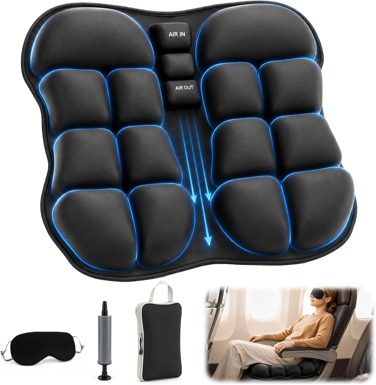 Airplane Seat Cushion, Inflatable Seat Cushion with Built-In Pump
