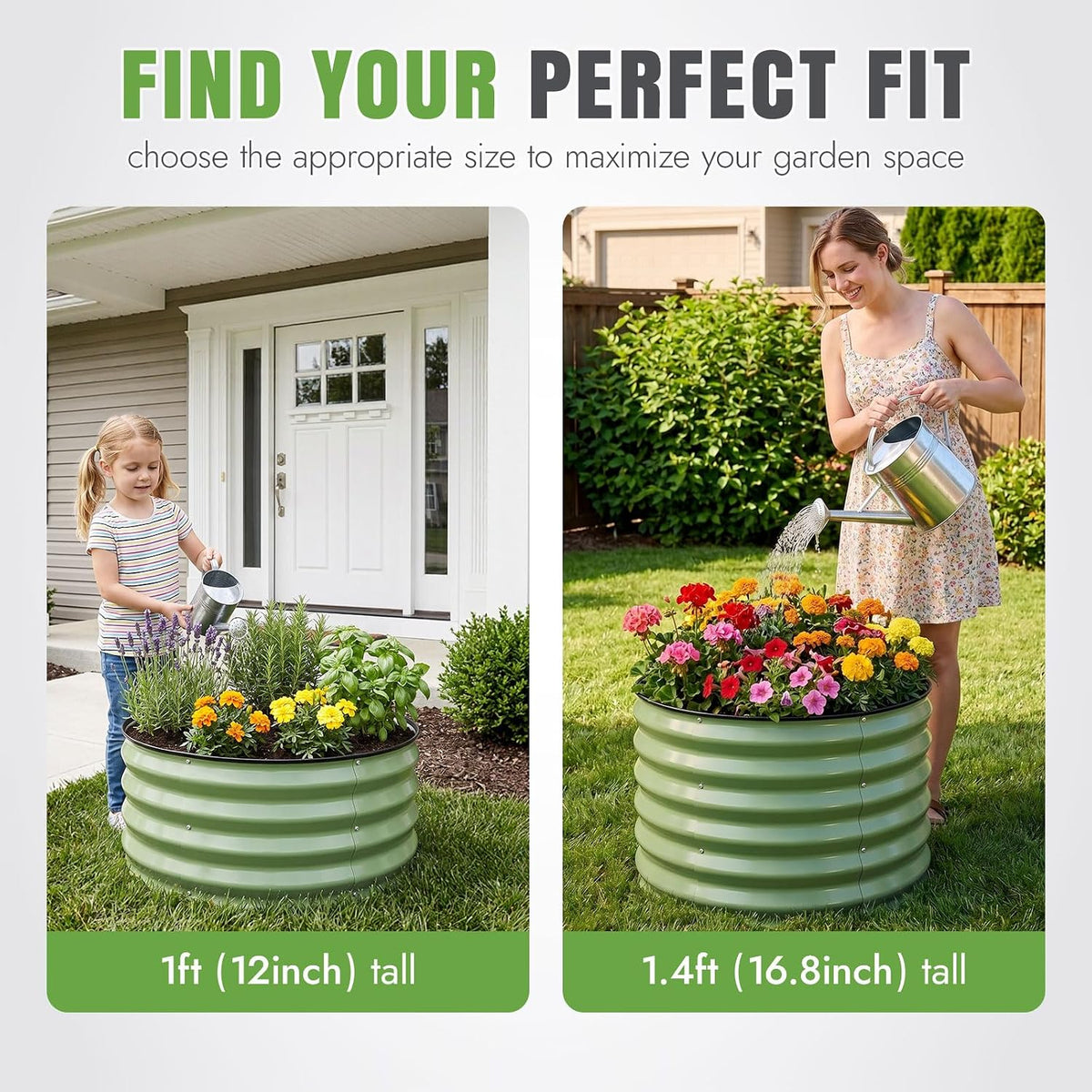 INNO STAGE 3 Pcs round Galvanized Raised Garden Beds, 2X2X1.4Ft Olive Green