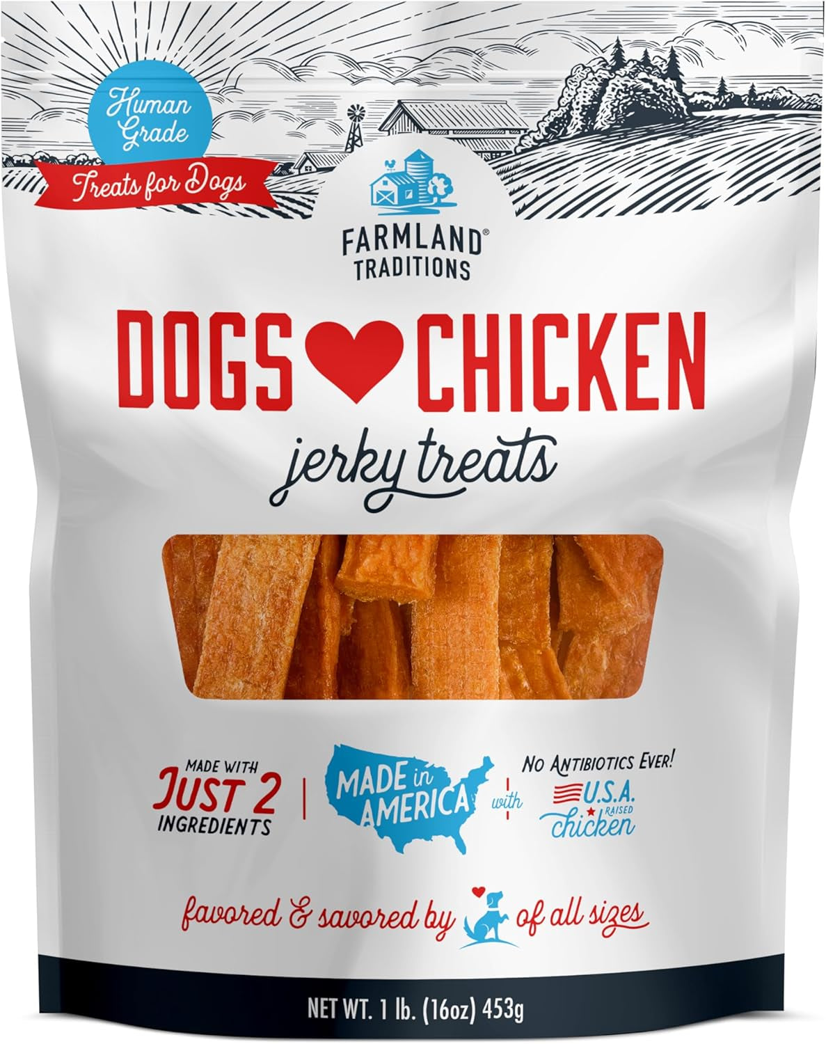 Farmland Traditions Dogs Love Chicken Jerky Dog Treats, Premium Two-Ingredient Dog Jerky with Usa-Raised, Human-Grade Chicken & No Antibiotics Ever, 1 Pound (Pack of 1) Bag