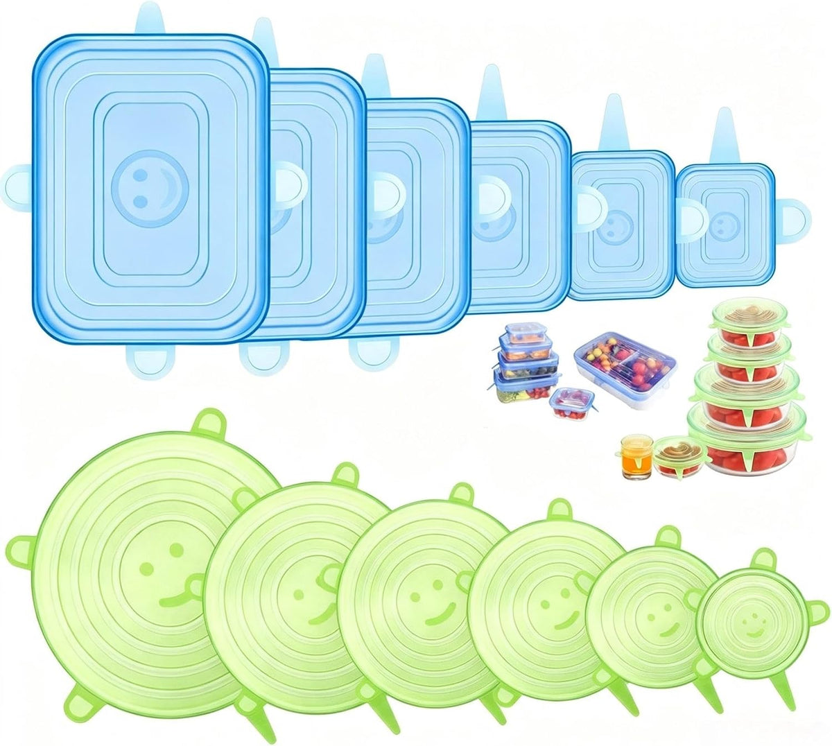 12 Pack Silicone Stretch Lids, Reusable Food‑Grade Silicone Bowl Covers, 6 Sizes round & Rectangle Flexible Food Storage Lids for Bowls, Cups, Dishes, Fridge & Microwave Safe