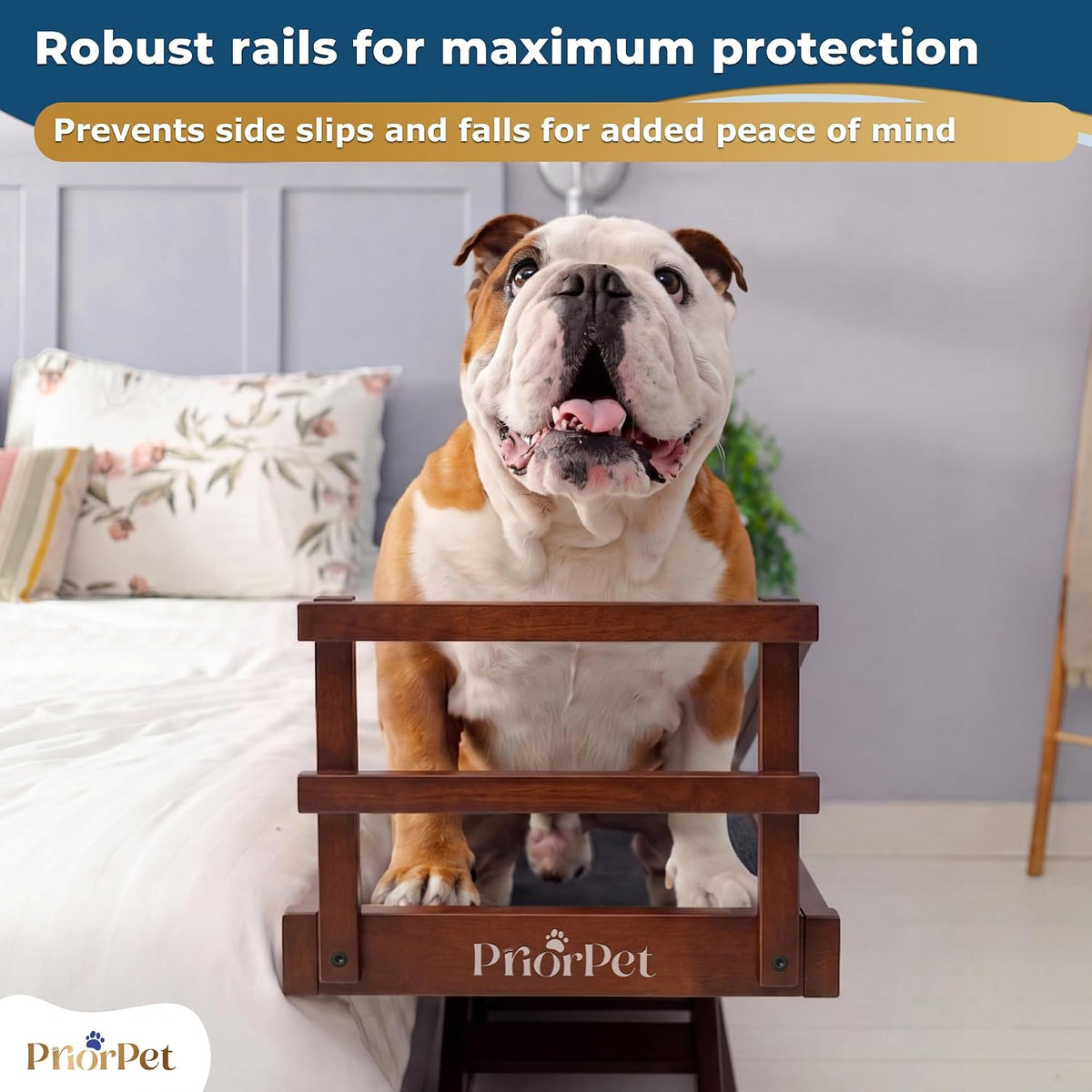 Dog Ramp for Bed - PRIORPET Birchwood Adjustable Ramp for Dogs to Get on Bed: Dog Ramps for High Beds up to 37 Inches – Foldable Ramp, Anti-Slip Grip & Safety Rails, Small Dogs up to 120Lbs – Walnut