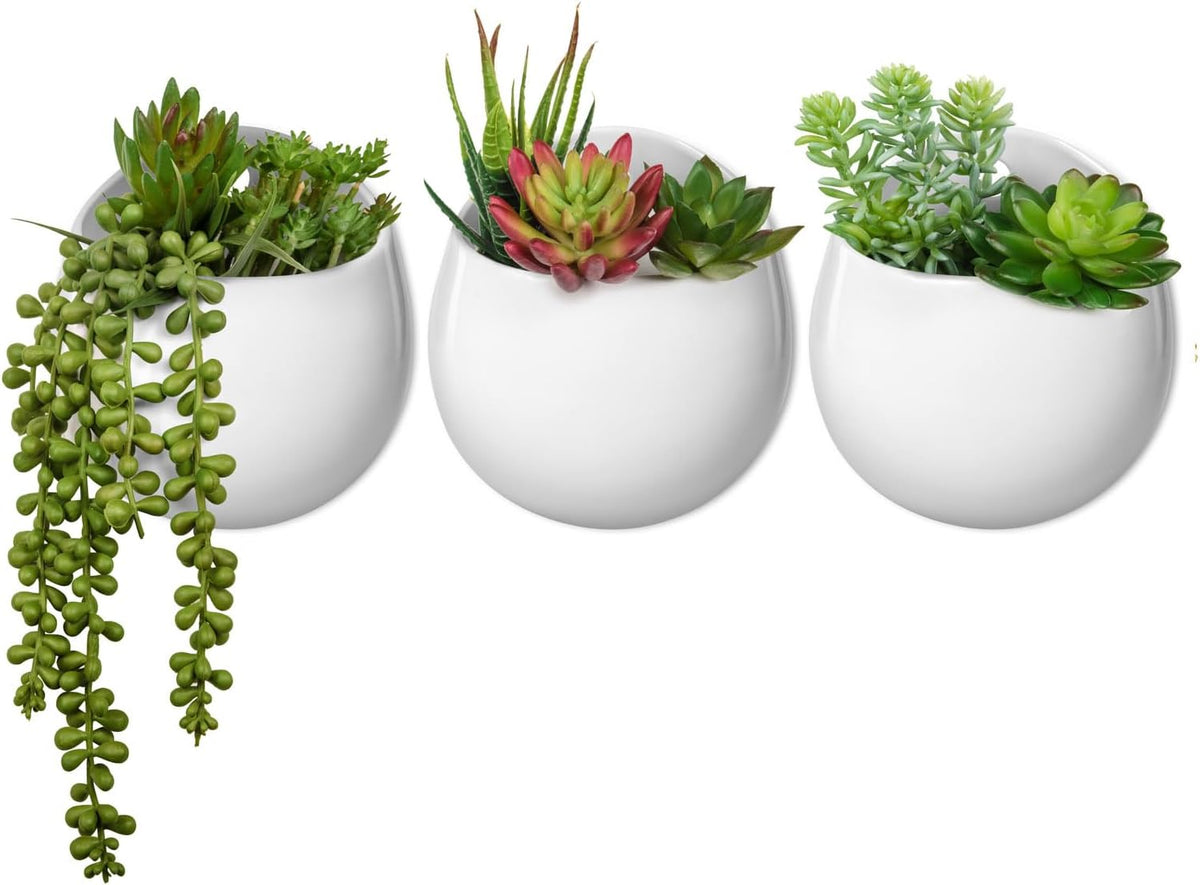 Mkono Wall Planter Ceramic Hanging Pot with Artificial Fake Plants, 3 Pack