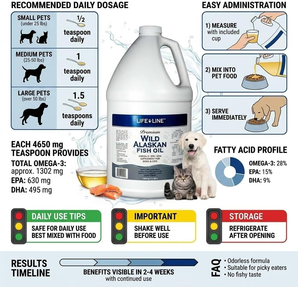 Life Line Pet Nutrition Wild Alaskan Fish Oil for Dogs and Cats 128Oz – Omega 3 Fish Oil Supplement for Skin & Coat, Brain, Eye & Heart Health