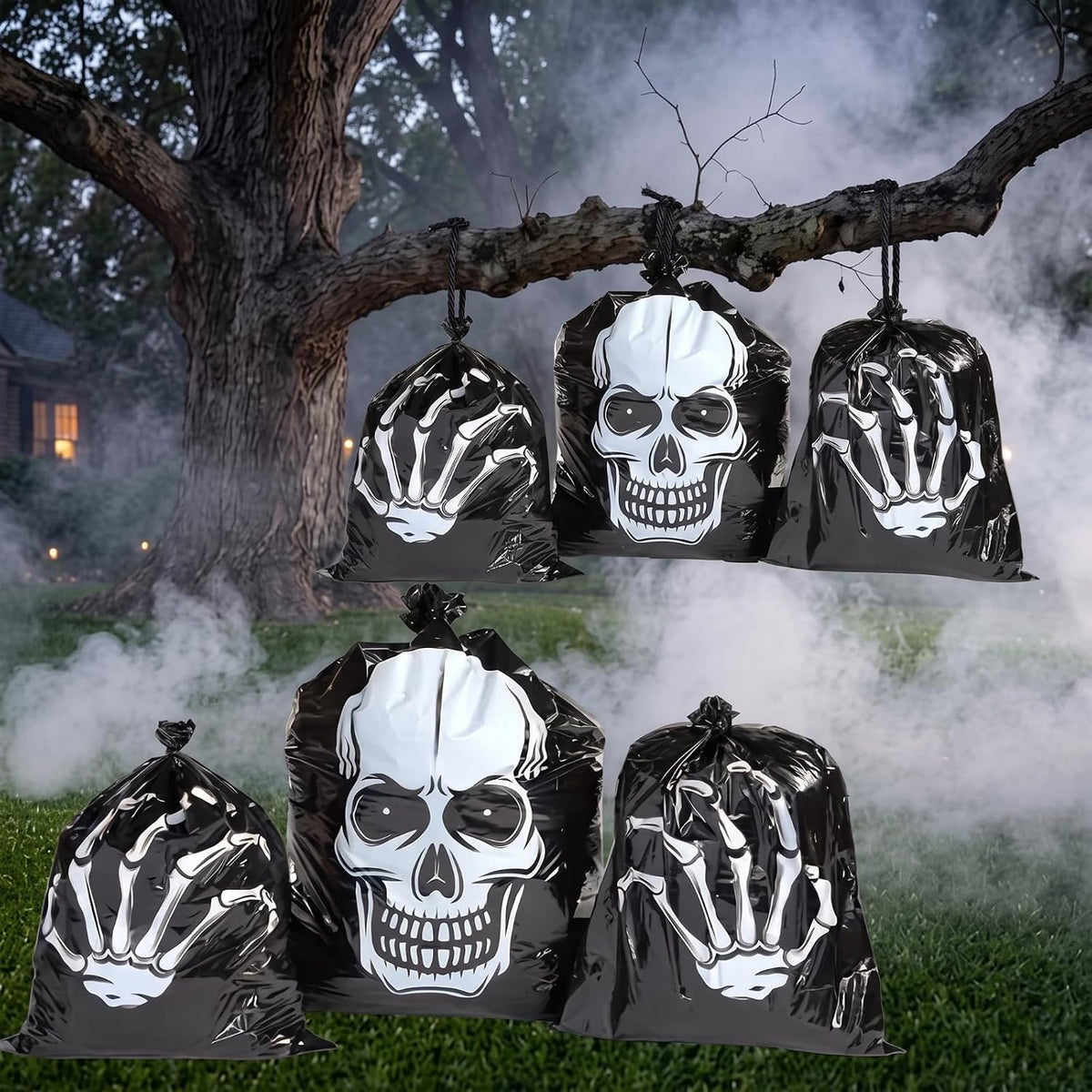 Qilery 6 Pack Halloween Skull Leaf Lawn Bags for Outdoor Decorations Plastic Zombie Trash Bags with Skeleton Hand & Twist Ties for Lawn Yard Garden Patio and Party Decor