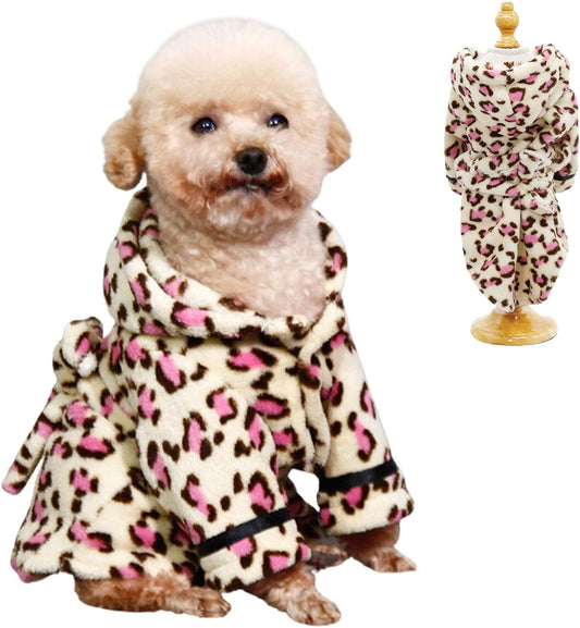 Small Dog Bathing Towel, Adjustable Dog Bath Robe for Cold Weather, Puppy Pajamas Warm Flannel Dogs Pjs, Pet Coats for Small Dogs Pink Leopard S
