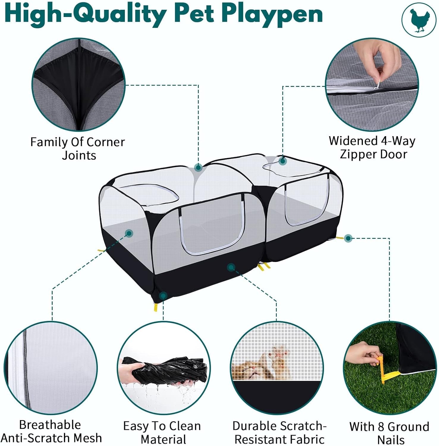 Small Animals Playpen,Pet Cage Tent Large Chicken Run Coop with Detachable Bottom Breathable Transparent Mesh Walls, Foldable Pet Enclosure for Puppy Kitten Rabbits Indoor Outdoor Playpen