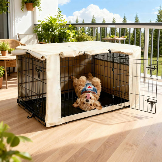 Hicaptain 30-Inch Dog Crate Cover with Mesh, Waterproof Kennel Cover, Beige