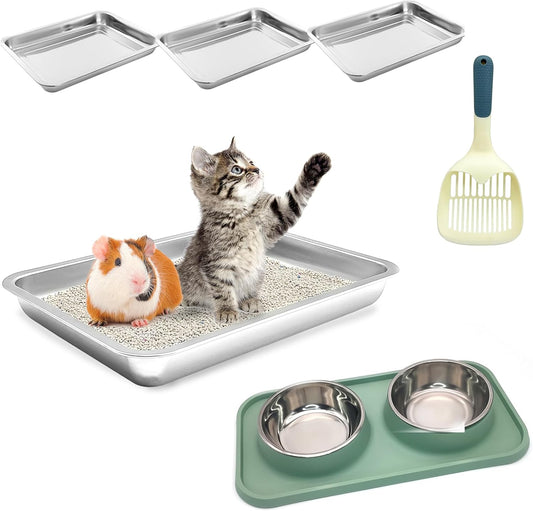 BNOSDM Double Stainless Steel Cat Dog Bowls with Non-Spill Plastic Mat and 4 Pcs Stainless Steel Litter Pan Low Entry Cat Litter Box Shallow Metal Litter Tray for Indoor Small Pets