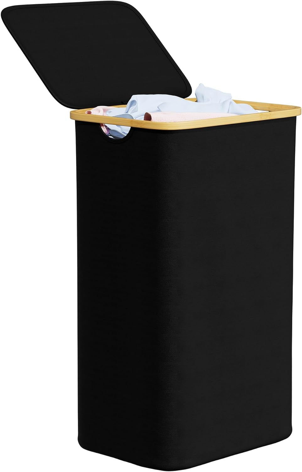 Spaceaid Laundry Hamper with Lid, 110L Large Tall Clothes Basket Bin with Bamboo Handles, Collapsible Laundry Hamper for Bedroom, Bathroom, Dorm, Laundry Room - Black