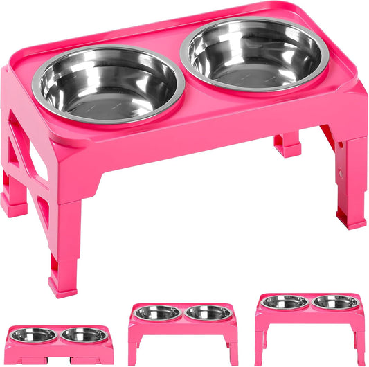 Hubulk Elevated Dog Bowls with 2 Stainless Steel Dog Food & Water Raised Bowls with No Spill Edge Non-Slip Stand Adjusts to 3 Heights(2.75", 6.0", 7.5") for Small Medium Dogs and Pet