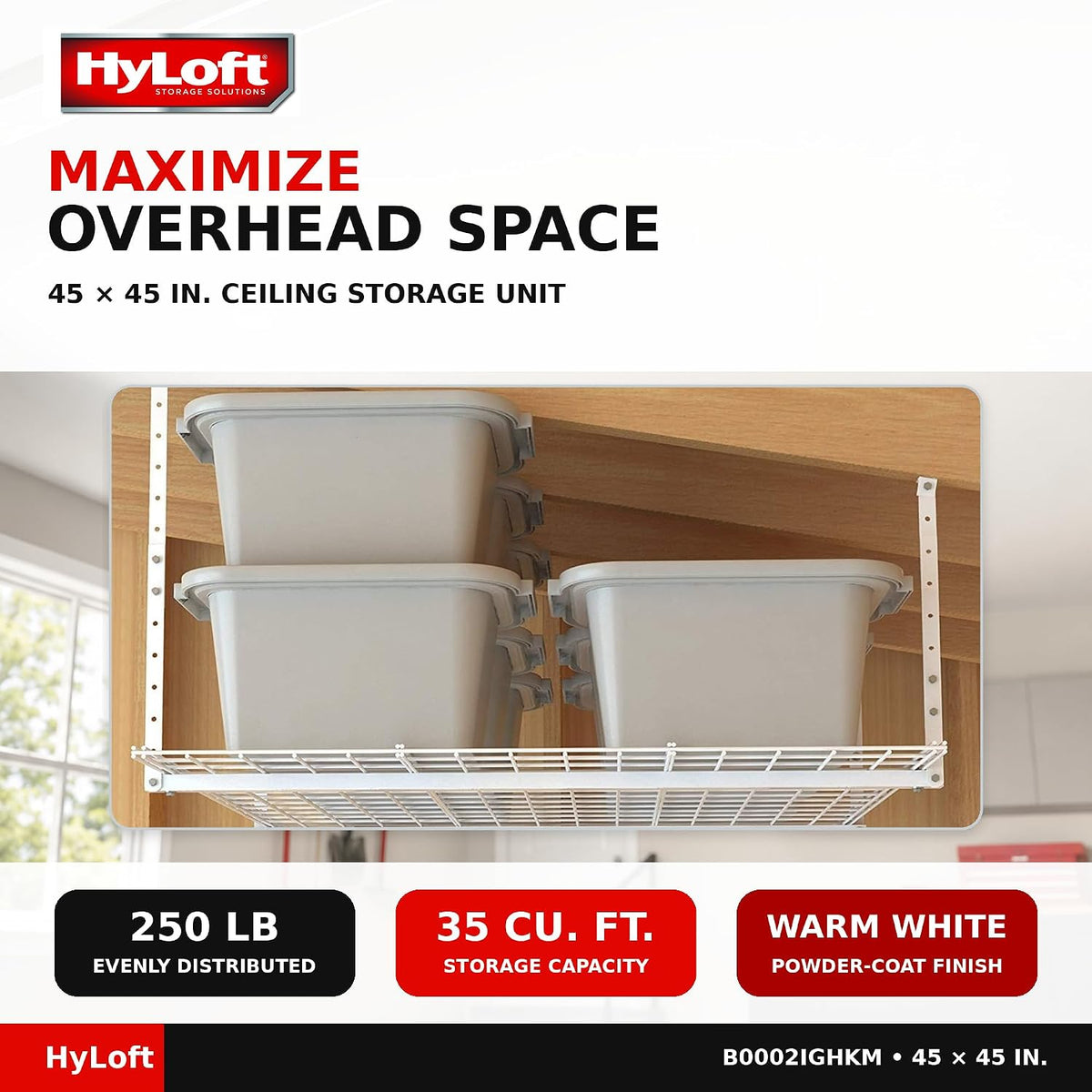 Hyloft Overhead Adjustable Garage Storage Rack,Heavy Duty Steel Garage Storage System, 45-Inch X 45-Inch, White