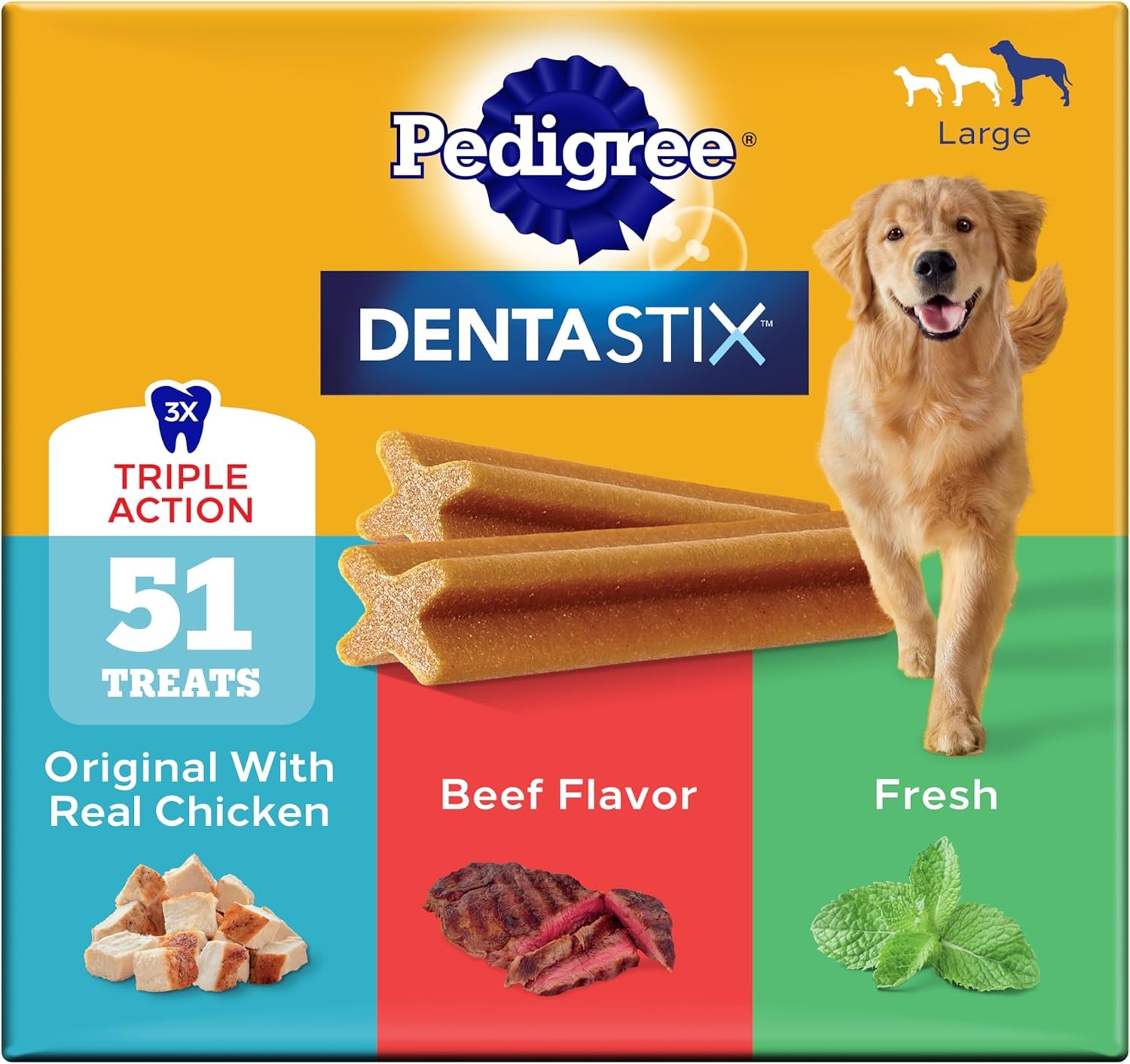 Pedigree Dentastix Large Dog Treats, Original, Beef & Fresh, 2.73 Lb. Variety Pack (51 Treats Total)