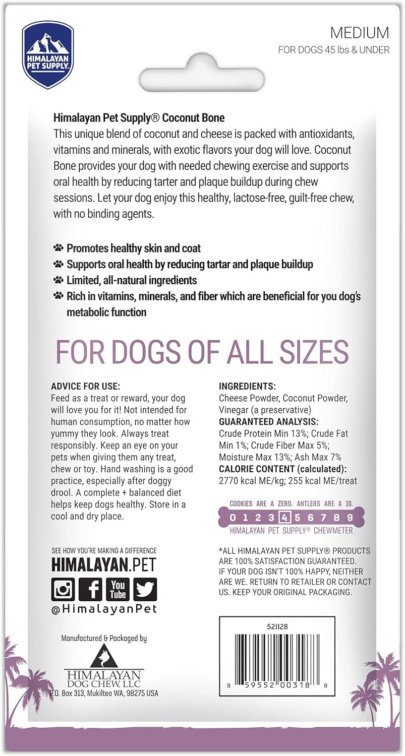Coconut and Himalayan Cheese Dog Chew | Long Lasting, Stain Free, Protein Rich, Low Odor | 100% Natural, Healthy & Safe | No Lactose, Gluten or Grains | Coconut Bone | for Dogs 45 Lbs & Smaller