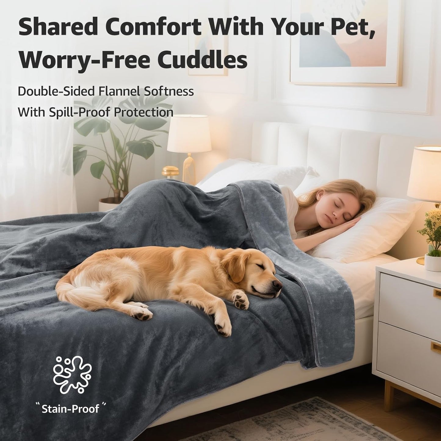 LOOBANI Waterproof Blanket for Bed: Reversible Soft Flannel Twin Bed Blanket 60" X 80", Leakproof Throw Spill-Proof Dog Pet Blanket for Couch, Sofa Protect, Movie Time, Camping, Travel, Grey