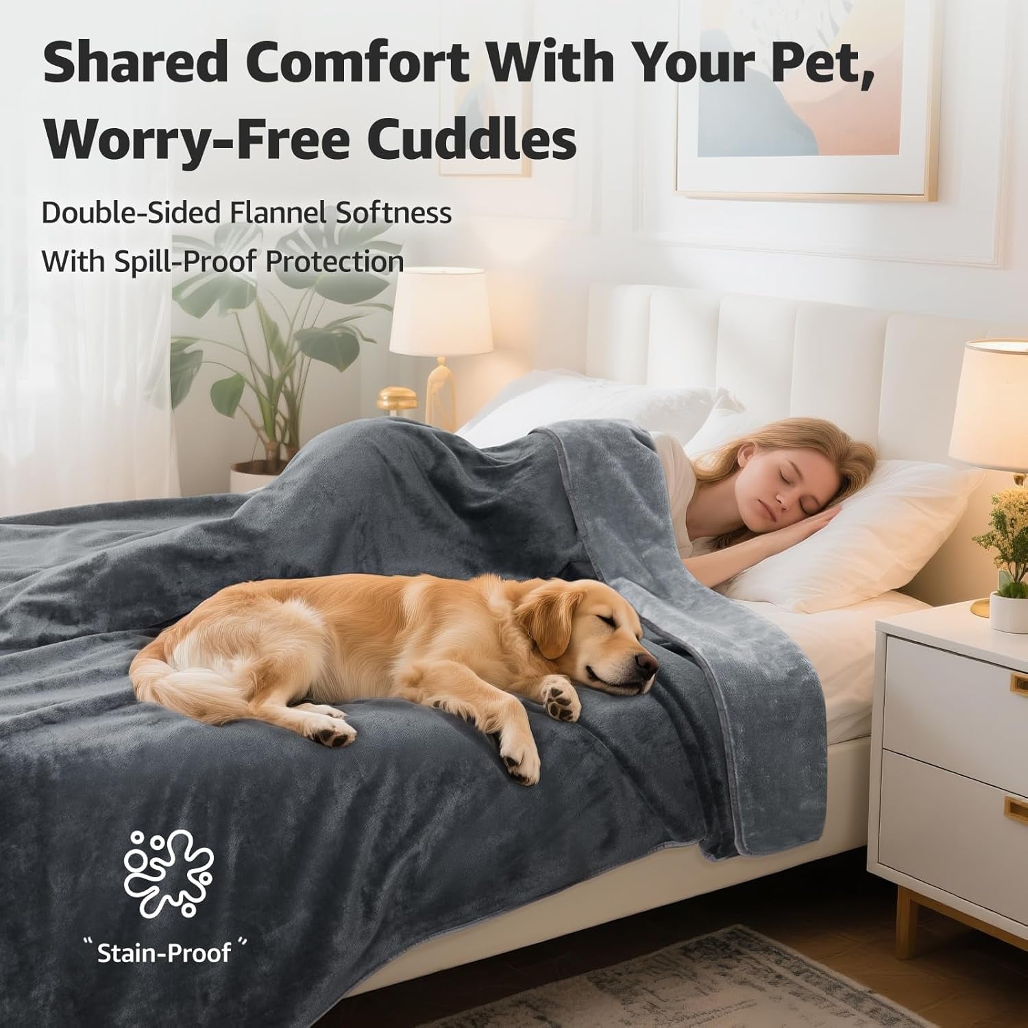 LOOBANI Waterproof Blanket for Bed: Reversible Soft Flannel Twin Bed Blanket 60" X 80", Leakproof Throw Spill-Proof Dog Pet Blanket for Couch, Sofa Protect, Movie Time, Camping, Travel, Grey