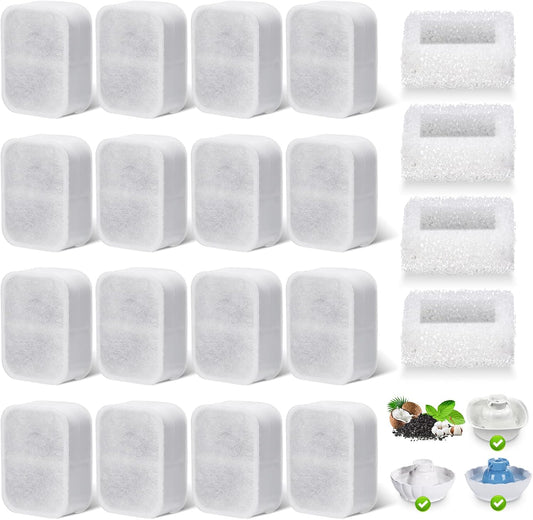 20 Pack Replacement Filters for Tritone/Fiumi Ceramic Pet Lotus Drinking Fountain, GISOFIK Cat Water Fountain Filter, 16 Triple Filtration Carbon Filters and 4 Sponges