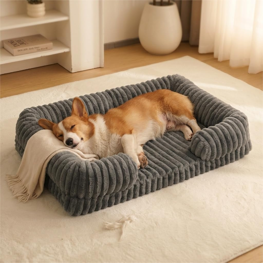 Extra Large Orthopedic Bolster Dog Bed, Washable Thick Striped Plush Calming Dog Sofa Bed, Non-Slip Indoor Joint Relief Pet Bed for Extra Large Giant Breed Dogs.