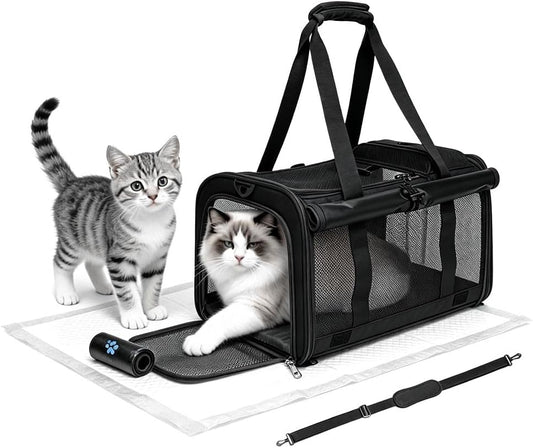 Cat Carrier Soft Sided Dog Carrier with 1 Poop Bags and 5 Pee Pads,Airline Approved Pet Carrier for Small Dog/Cat Bag,Ideal for Medium-Large Cats Small Dogs (Black)