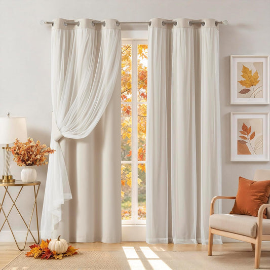Bujasso Beige 90% Blackout Curtains with Sheer Overlay Mix and Match Double Layer Thermal Insulated Window Panels 84 Inch for Living Room Bedroom Beige Drapes with Tiebacks Grommet Top 37" Wx84 Lx2