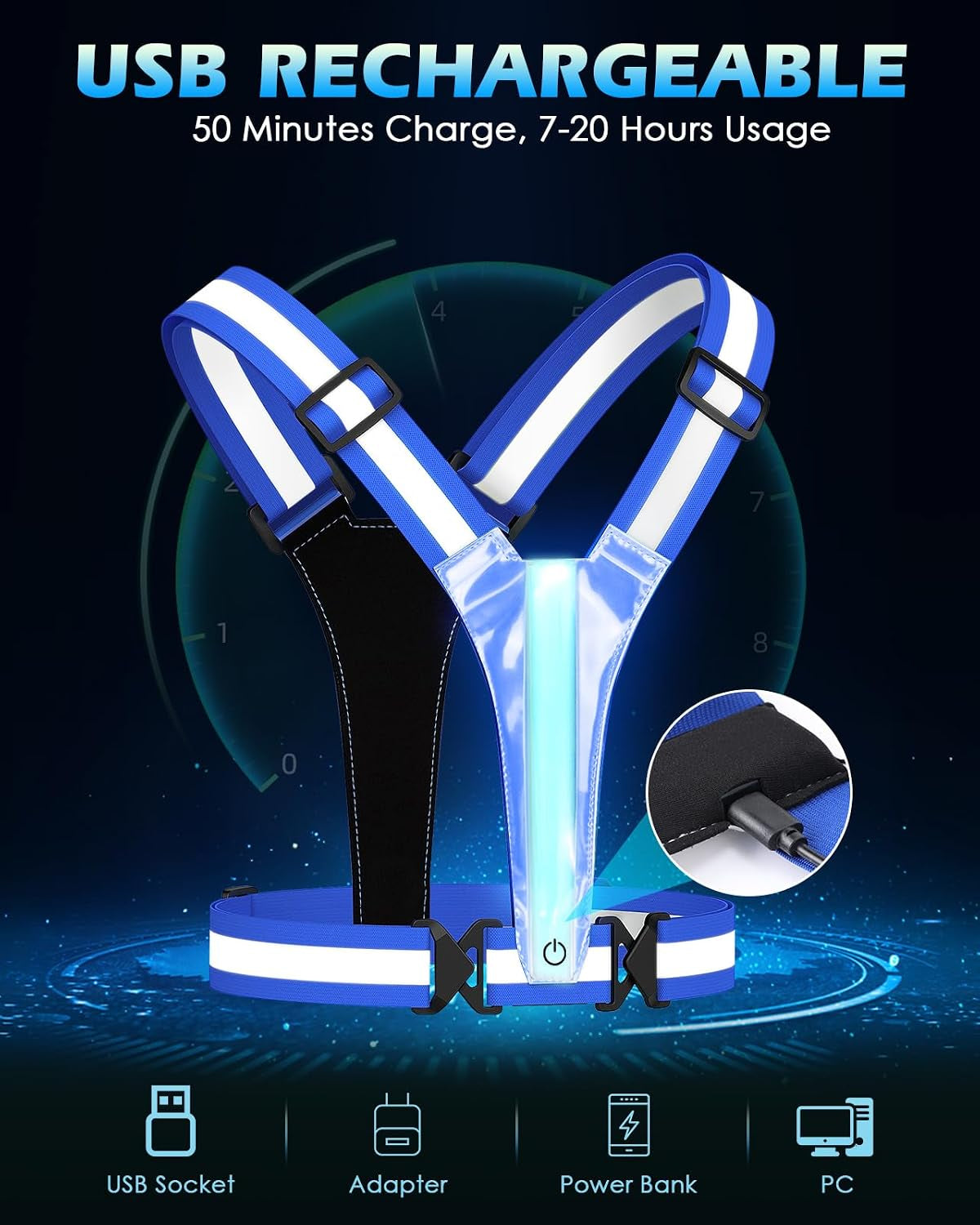 Zacro LED Reflective Vest Running Gear, 5 Lights Colors High Visibility Reflective Running Gear Rechargeable Light up Running Vest for Walking Running Cycling, Adjustable for Men Women Kids