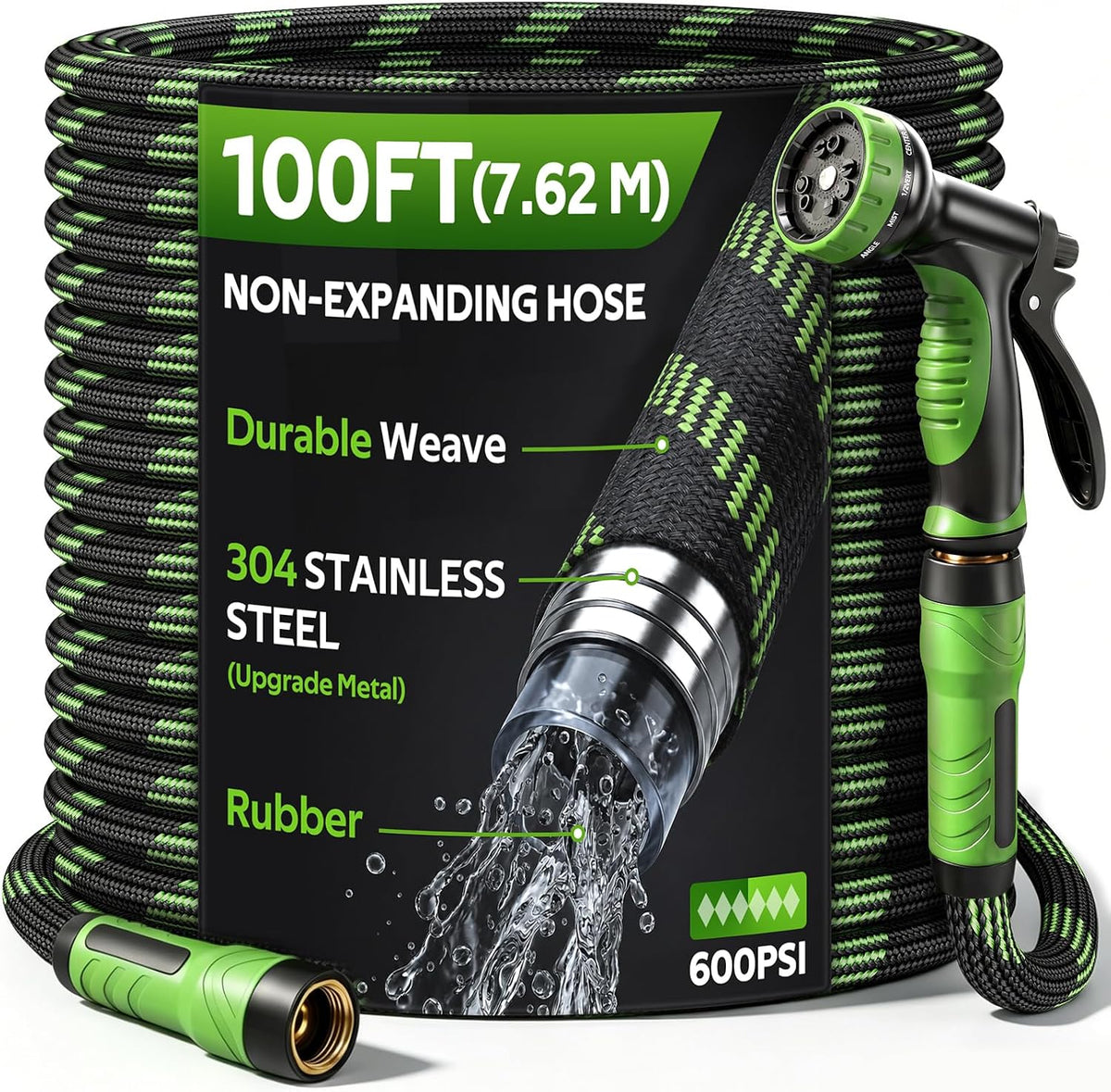NON-EXPANDABLE Garden Hose 100 FT Water Hose with 10-Function Spray Nozzle