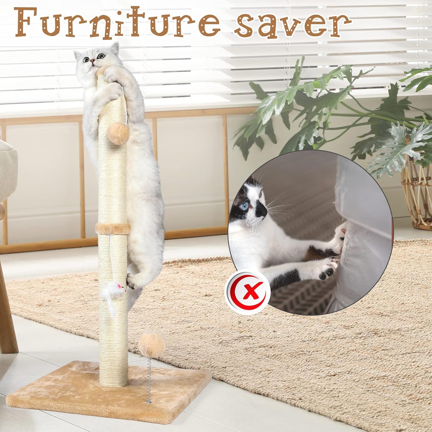 ANWA 32" Tall Cat Scratching Posts for Indoor Cats, 3-In-1 Vertical Cat Scratching Post with Plush Toys, Premium Sisal Post for Cats at All Ages with Reinforced Stable Base, Beige