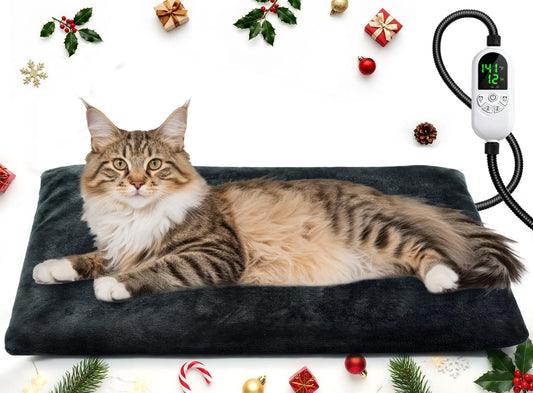 Pet Heating Pad for Cats & Dogs, Electric Heated Cat Bed with Adjustable Temperature (12 Levels) & Timer (12 Options), Chew-Resistant Cord, Indoor & Outdoor Use 18“X18”-25W