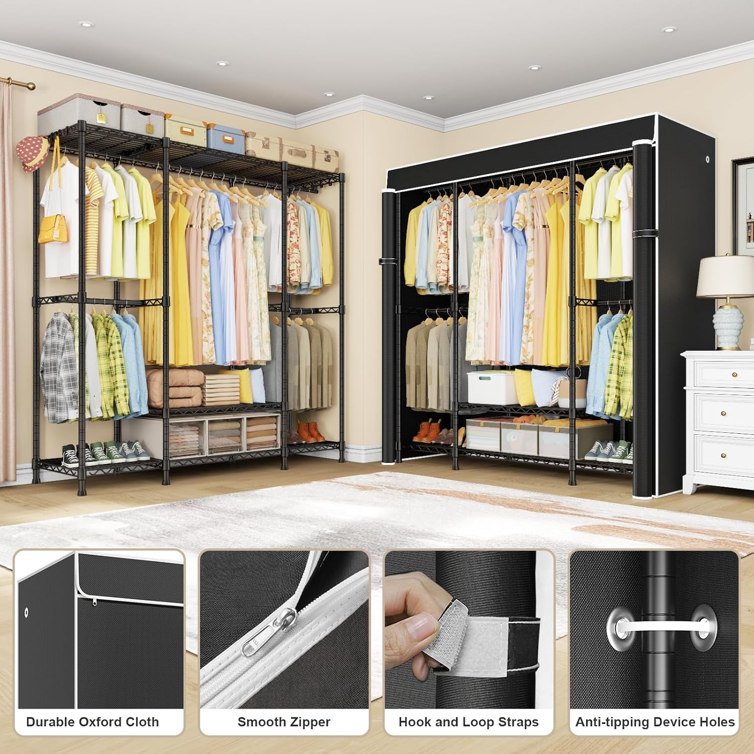 ULIFHOME E3C Heavy Duty Portable Closet Wardrobe with Fabric Cover, Freestanding Clothes Rack Holds up to 850 Lbs, Metal Garment Rack Organizer for Clothing, 59.5" W X 16.5" D X 77.4" H, Black