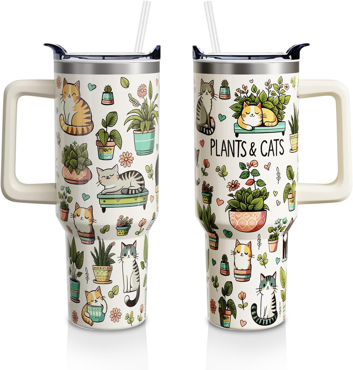 Cute Cat 40Oz Tumbler Cup with Handle and Straw Gifts for Women Men
