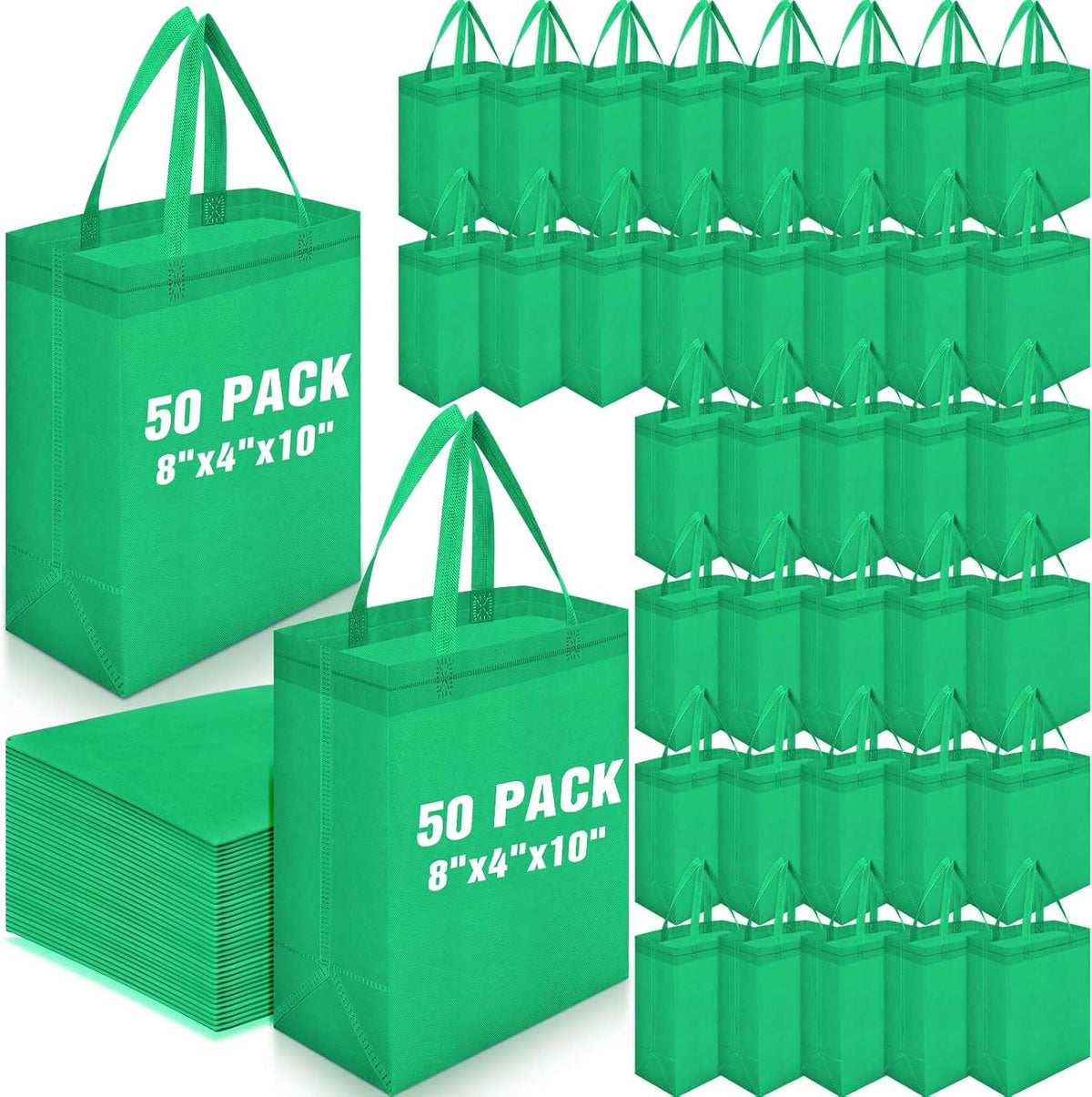 Windyun 50 Pcs Reusable Tote Bag Bulk 8 X 4 X 10 Inch, Green